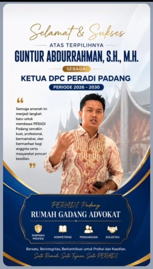Advokat Muda, Guntur Abdurrahman S.H, M.H Terpilih Sebagai Ketua DPC Peradi Padang Periode 2026-2030