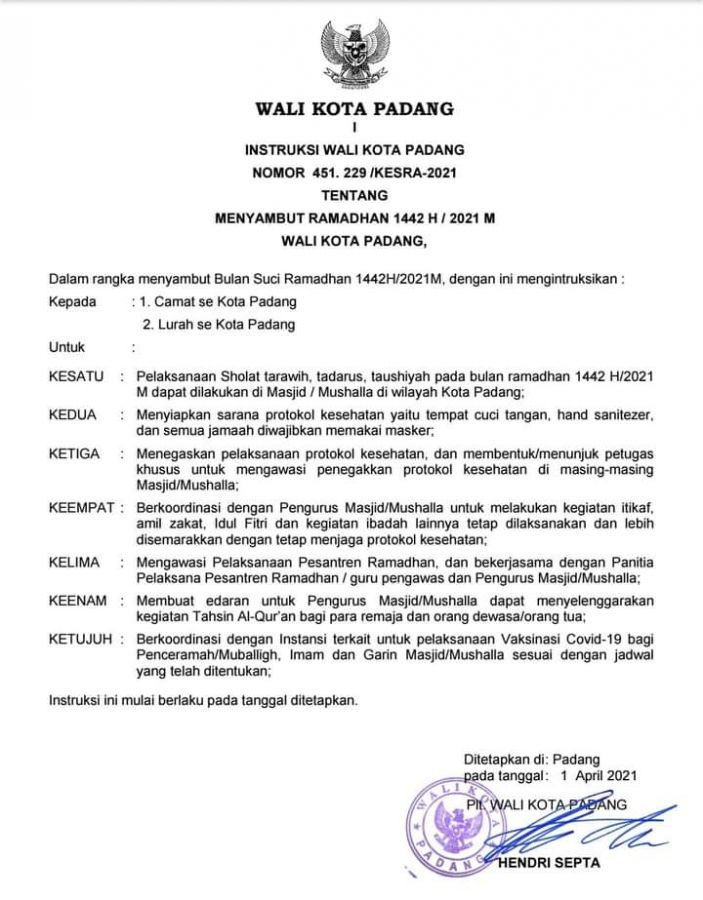 Agar Ramadhan 1442 H Berjalan Lancar, Plt Wali Kota Padang Terbitkan Instruksi