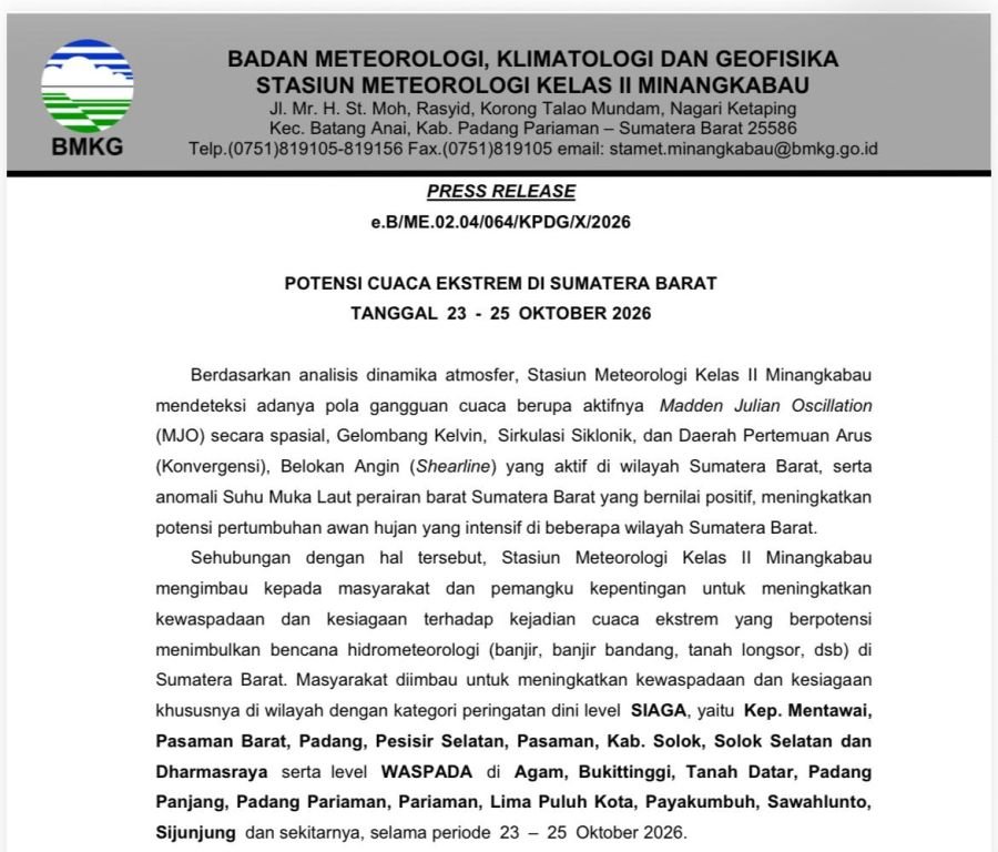 BMKG Keluarkan Peringatan Dini Cuaca Ekstrem, Gubernur Mahyeldi Imbau Warga Waspada