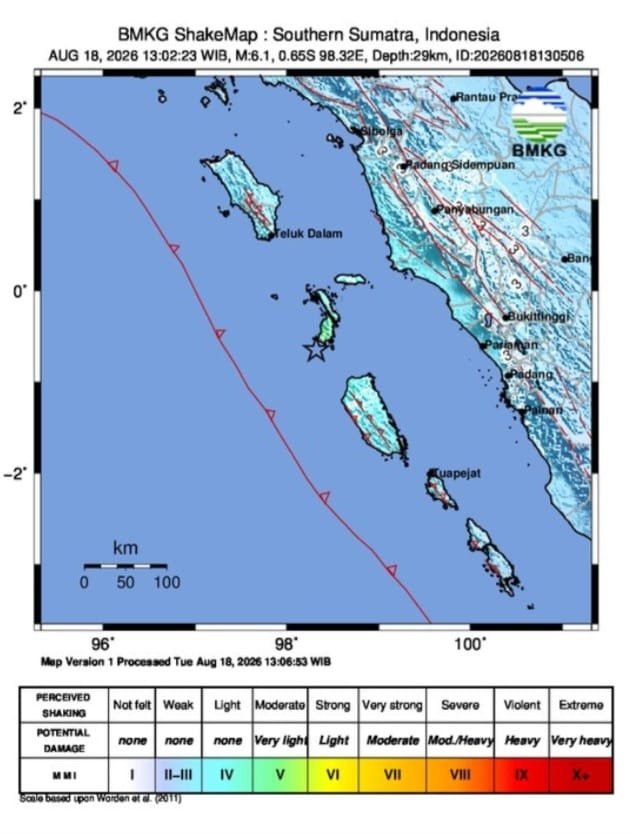 Gempa 6,1 SR Guncang Nias Selatan,  Terasa hingga Padang