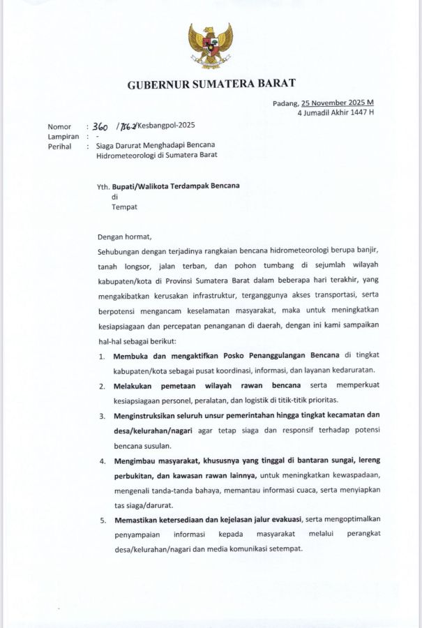 Gubernur Sumbar Surati Bupati/Walikota Daerah Terdampak untuk Percepatan Penanganan Bencana