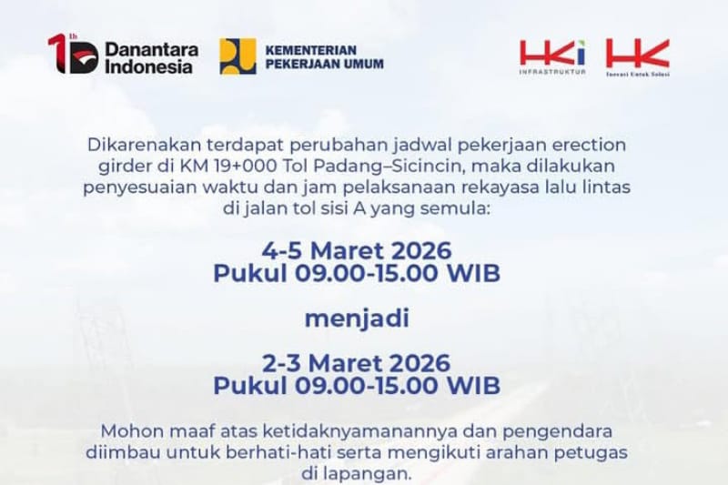 Jadwal Rekayasa Lalu Lintas Tol Padang–Sicincin Dimajukan ke 2–3 Maret 2026