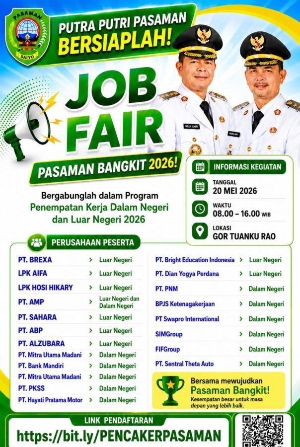 JOB FAIR PASAMAN 2026: Lebih dari 2.000 Lowongan Kerja Disiapkan, Dorong Percepatan Pasaman Bangkit