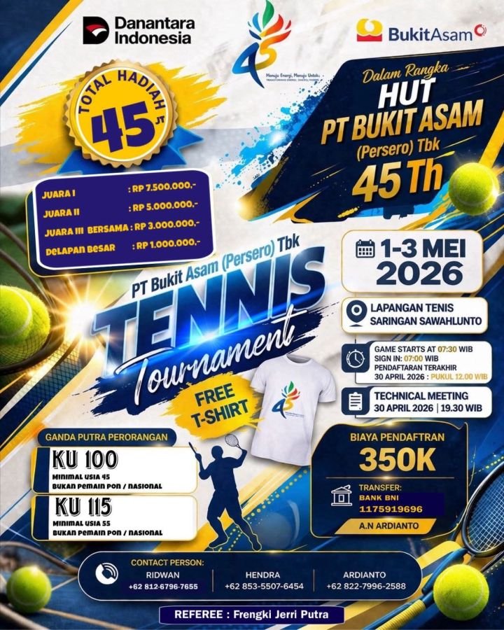 PELTI Sawahlunto Dukung Turnamen Tenis HUT ke-45 PT Bukit Asam (Persero) Tbk