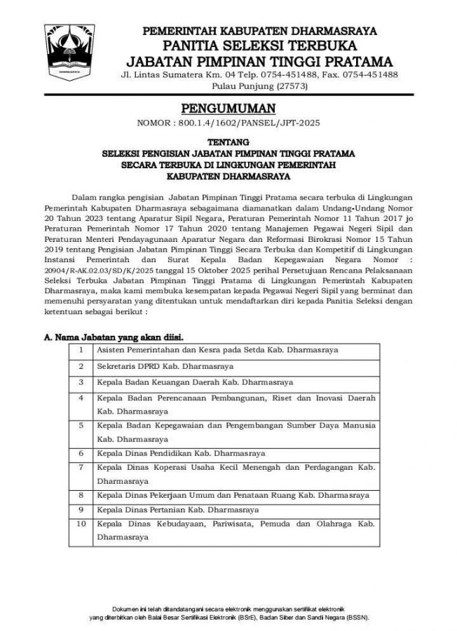 Pemkab Dharmasraya Umumkan Seleksi Terbuka 10 Jabatan Pimpinan Tinggi Pratama
