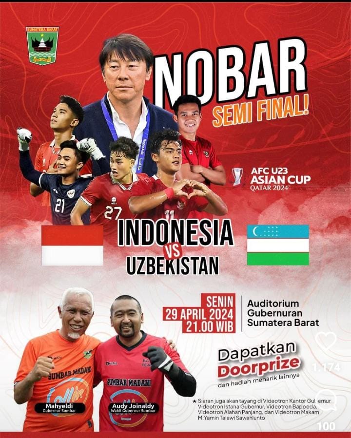 Pemprov Sumbar Gelar Nobar Semifinal Piala Asia U23 di Auditorium Gubernuran & di 5 Titik Videotron