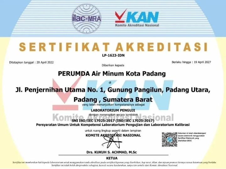 Perumda AM Padang Raih Sertifikat Akreditasi Laboratorium Penguji dari Komite Akreditasi Nasional