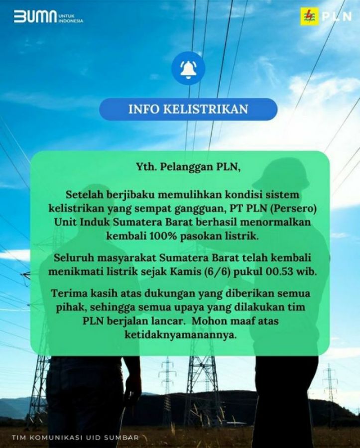 PLN Sumbar Pastikan 100 Persen Pasokan Listrik di Sumbar