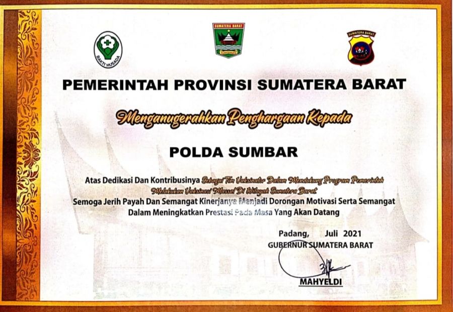 Polda Sumbar Terima Penghargaan dari Pemerintah Provinsi Sumatera Barat 