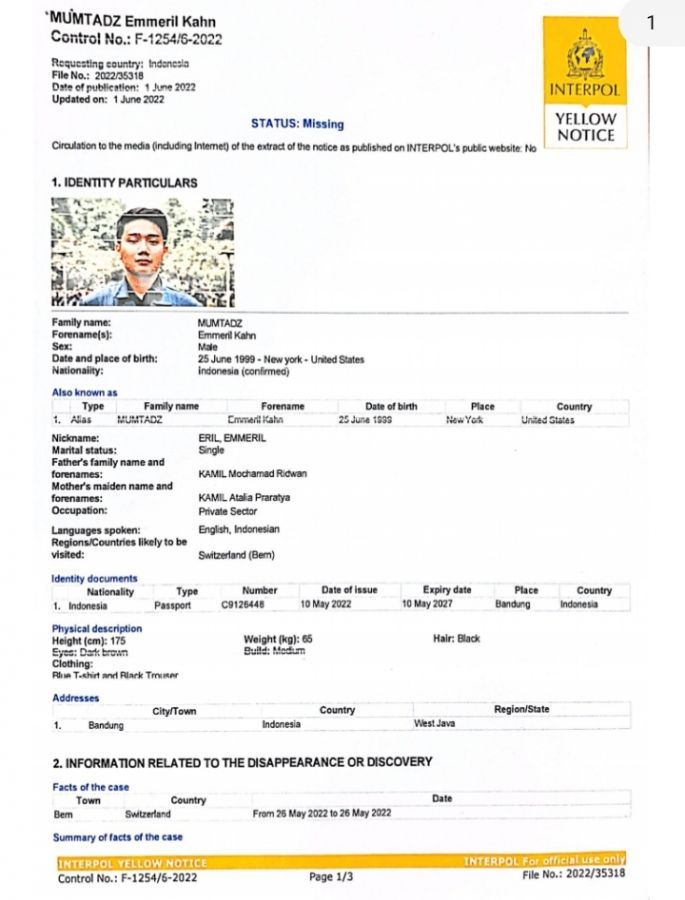 Polri: Interpol Telah Terbitkan Yellow Notice Pencarian Anak Ridwan Kamil