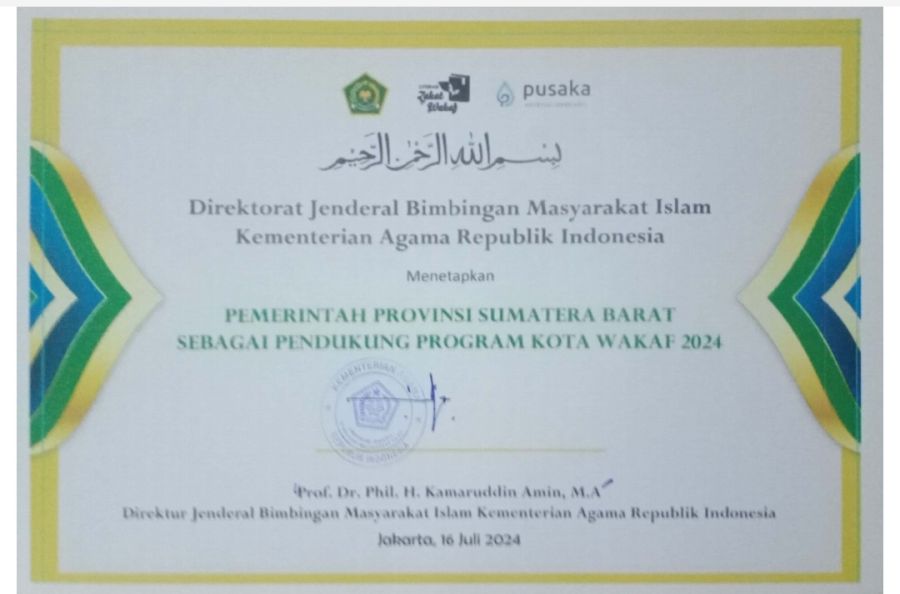 Raih Penghargaan Pendukung Program Kota Waqaf, Mahyeldi : Kita Terus Maksimalkan Potensi Waqaf