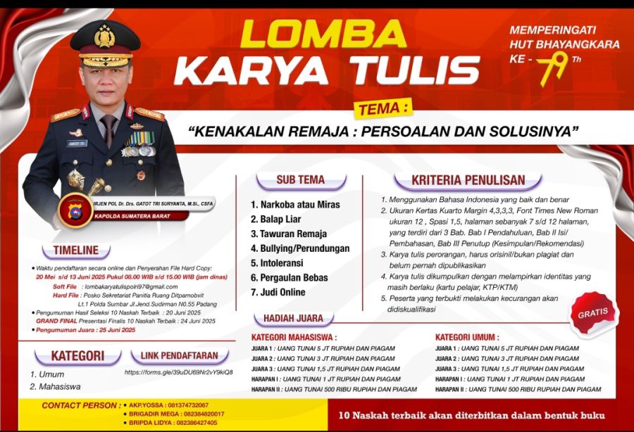 Sambut Hari Bhayangkara ke-79,  Polda Sumbar Gelar Lomba Karya Tulis Kapolda Cup 2025