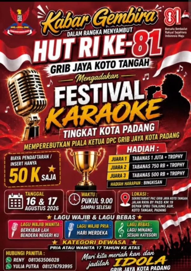 Sambut HUT ke-81 RI, GRIB Jaya Koto Tangah Gelar Festival Karaoke Tingkat Kota Padang