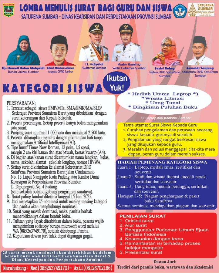 Satupena Sumbar Kembali Selenggarakan Lomba Menulis Surat Bagi Guru dan Siswa