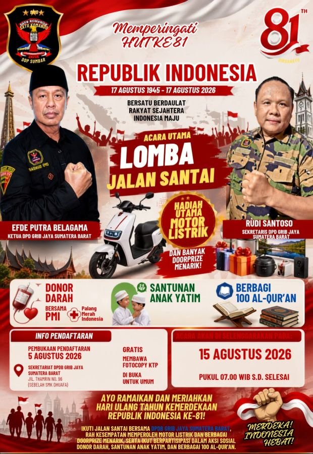 Semarak HUT RI ke-81, GRIB Jaya Sumbar Gelar Jalan Santai Berhadiah Motor Listrik