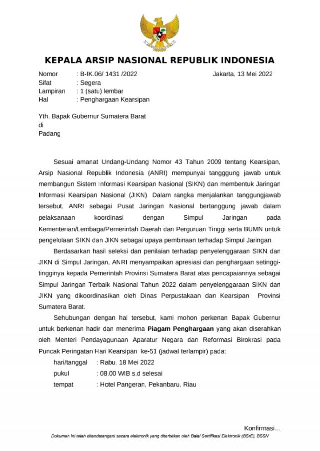 Siang ini, Sumatera Barat Terima Penghargaan Anugerah Kearsipan 2022