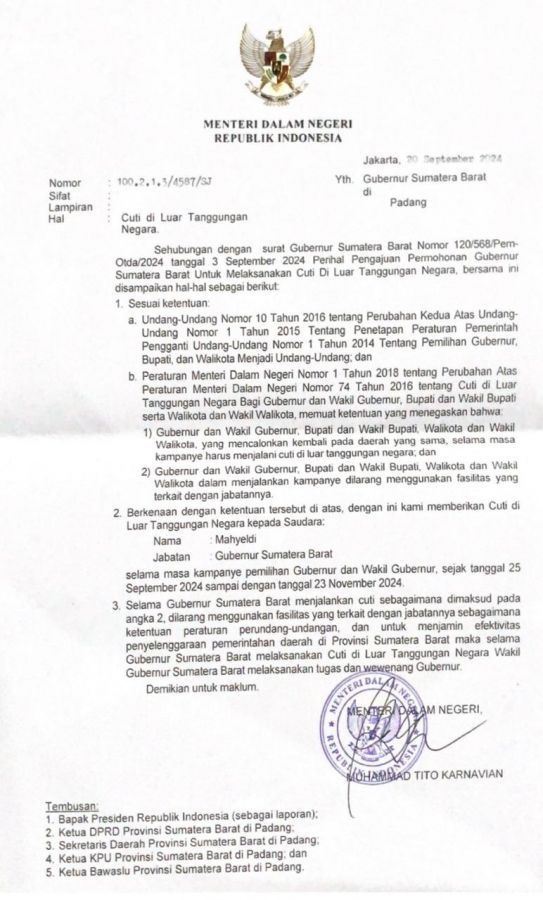 Surat Cuti Gubernur Mahyeldi Terbit, Wagub Ditunjuk Sebagai Plt Gubernur