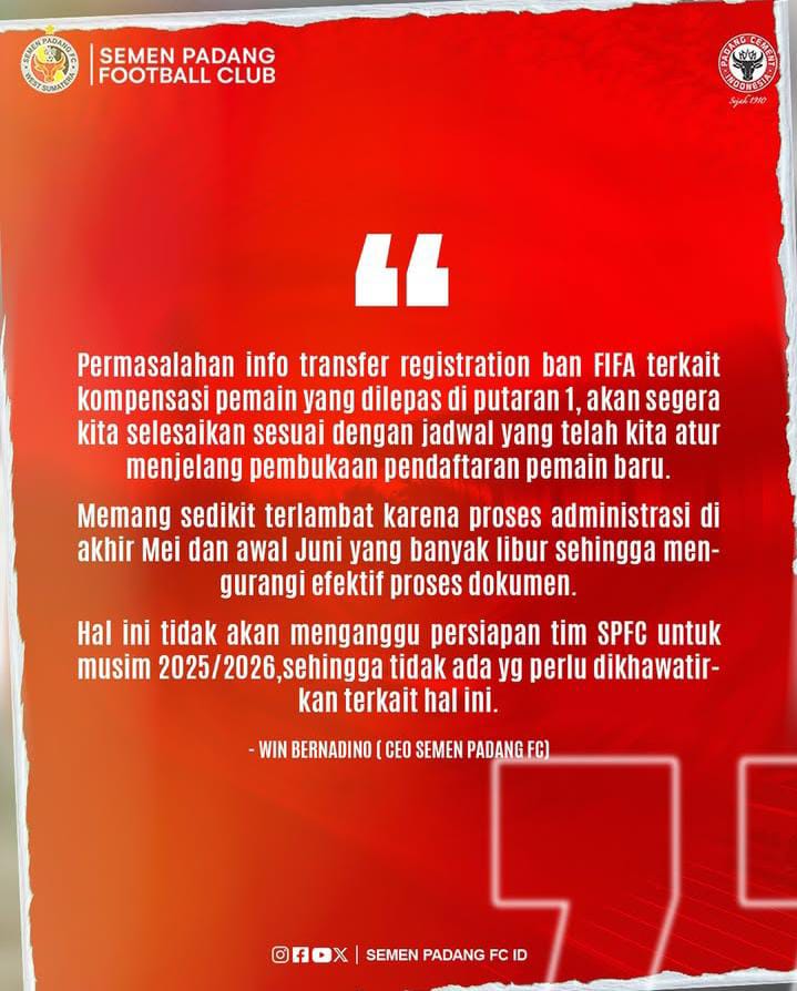 Terima Sanksi Registration Ban dari FIFA, Managemen Semen Padang FC Janji Selesaikan Permasalahan