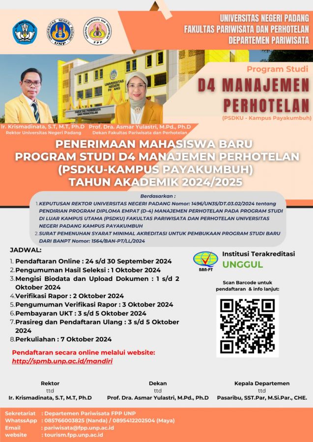 UNP Terima Mahasiswa Baru Prodi D4 Perhotelan PSDKU Kampus Payakumbuh Tahun Akademik 2024/2025